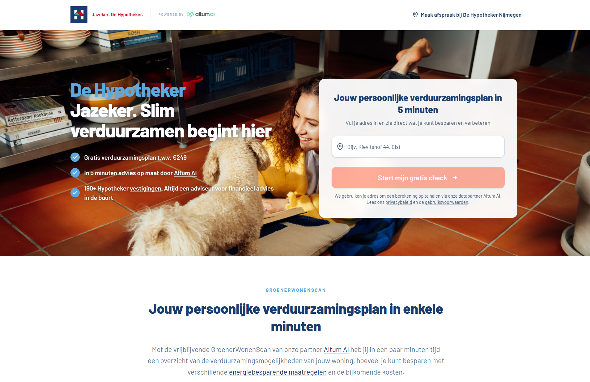 Voorbeeld van de GroenerWonenScan in de tool van De Hypotheker: je vult je adres in en krijgt direct je persoonlijke verduurzamingsplan.